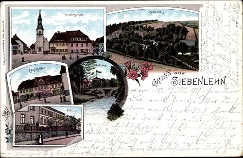 Litho Siebenlehn Großschirma in Sachsen, Romanus, Ratskeller, Schule, Zollhaus