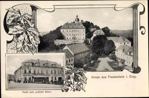 Jugendstil Passepartout Ak Frauenstein im Erzgebirge, Hotel zum goldnen Stern, Schloss