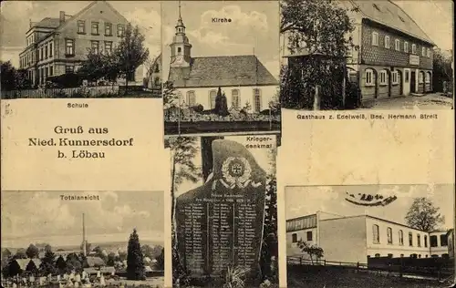 Ak Niedercunnersdorf Kottmar in Sachsen, Kirche, Schule, Gasthaus zum Edelweiß, Kriegerdenkmal