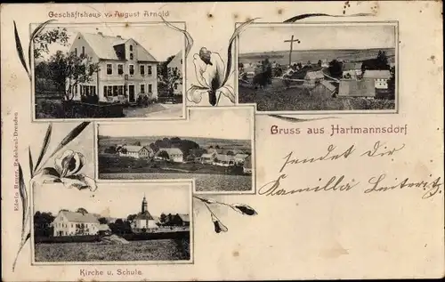 Ak Hartmannsdorf Reichenau im Erzgebirge, Geschäftshaus, Blick auf den Ort, Kirche, Schule