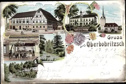 Litho Oberbobritzsch Bobritzsch Hilbersdorf im Erzgebirge, Kirche, Schule, Gasthof, Innenansicht