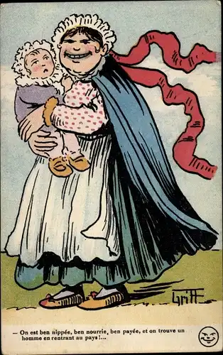 Künstler Ak On est ben nippee, ben nourrie, ben payee, Kindermädchen mit Baby