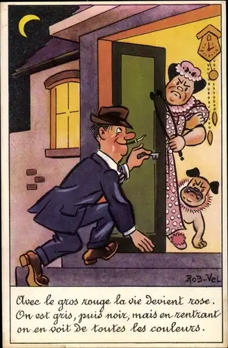 Künstler Ak Betrunkener Ehemann kommt heim, wütende Ehefrau