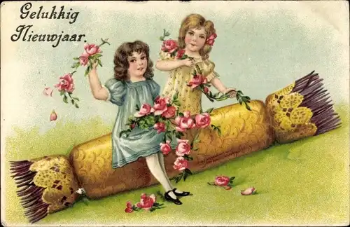 Präge Litho Glückwunsch Neujahr, Mädchen mit Knallbonbon