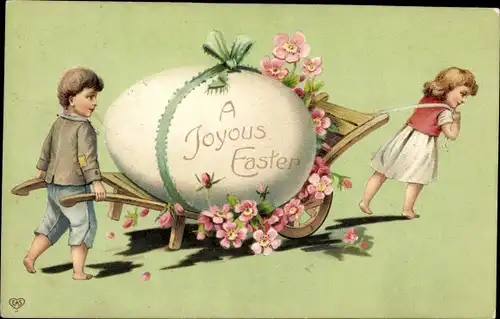 Präge Litho Glückwunsch Ostern, Kinder mit Ei auf einem Handkarren