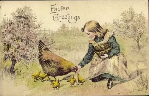 Präge Litho Glückwunsch Ostern, Mädchen füttert Huhn und Küken