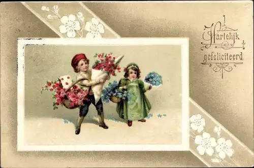 Passepartout Präge Litho Glückwunsch Geburtstag, Junge und Mädchen mit Blumen