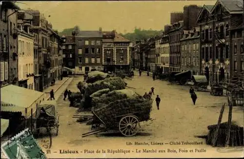 Ak Lisieux Calvados, Place de la Republique, le Marche aux Bois, Foin et Paille