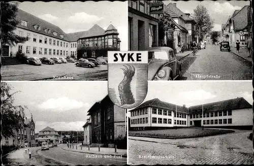 Wappen Ak Syke in Niedersachsen, Kreishaus, Hauptstraße, Kreisberufsschule, Rathaus, Post