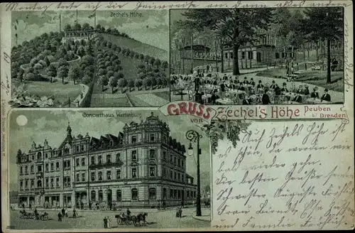Mondschein Litho Deuben Freital in Sachsen, Konzerthaus Wettinburg, Gasthaus Zechel's Höhe