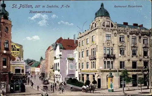 Ak St. Pölten Niederösterreich, Restaurant Kaiserkrone umd Kremserstraße, Geschäfte