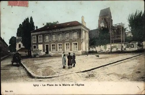 Ak Igny Essonne, La Place de la Mairie et l'Eglise