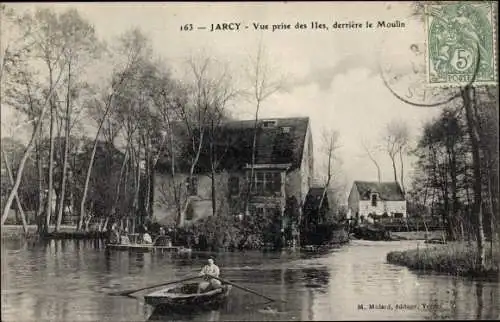 Ak Jarcy Essonne, Vue prise des Iles, derriere le Moulin, Ruderboot