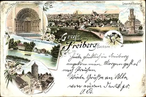 Litho Freiberg in Sachsen, Kreuzteich, Kreuzmühle, Schwedendenkmal, Donatsturm, Goldne Pforte