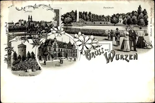 Litho Wurzen in Sachsen, Schloss, Aussichtsturm, Post, Parkteich