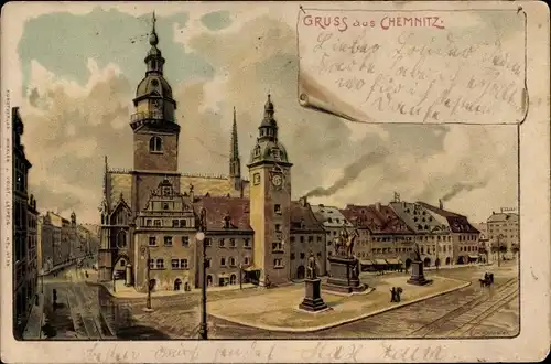 Litho Chemnitz in Sachsen, Altes Rathaus am Marktplatz