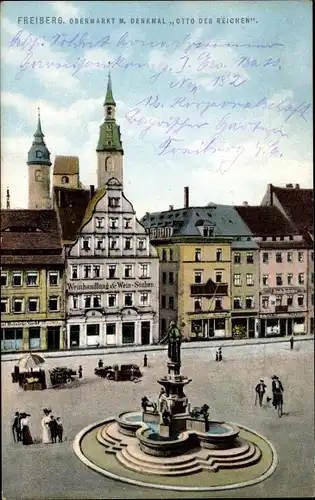 Ak Freiberg im Kreis Mittelsachsen, Blick auf den Obermarkt und das Denkmal Otto des Reichen
