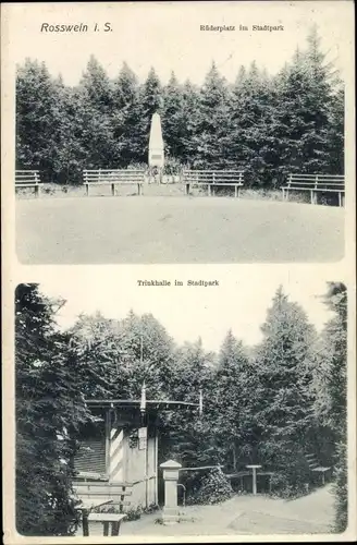 Ak Roßwein in Sachsen, Rüderplatz im Stadtpark, Trinkhalle im Stadtpark