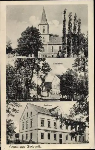 Ak Striegnitz Lommatzsch Sachsen, Kirche, Dorfstraße, Gasthof
