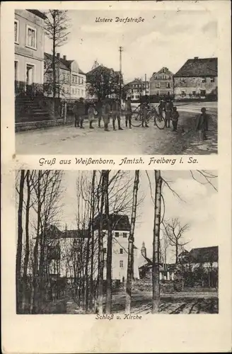 Ak Weißenborn im Erzgebirge, Untere Dorfstraße, Schloss und Kirche