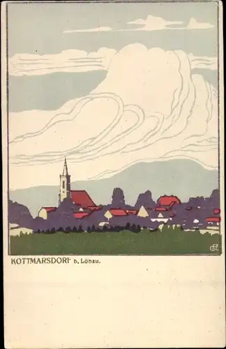 Künstler Ak Kottmarsdorf Kottmar in der Oberlausitz, Blick auf den Ort