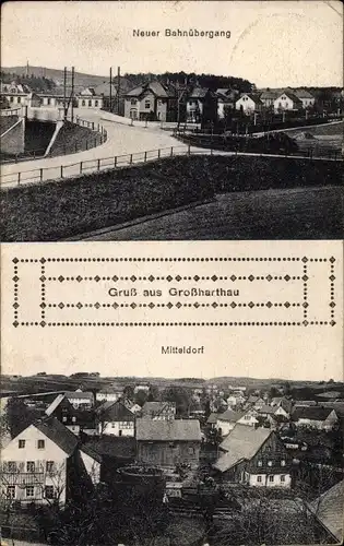 Ak Großharthau in Sachsen, Neuer Bahnübergang, Mitteldorf