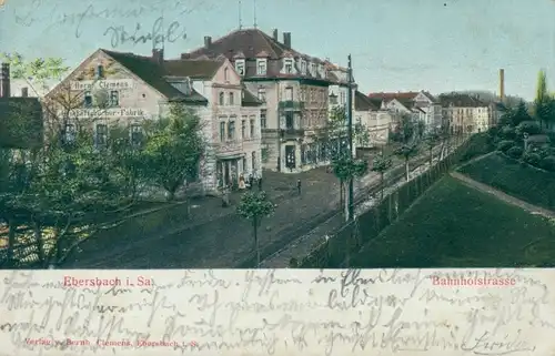 Relief Ak Ebersbach Neugersdorf in Sachsen, Bahnhofstraße, Fabrik Bernh. Clemens