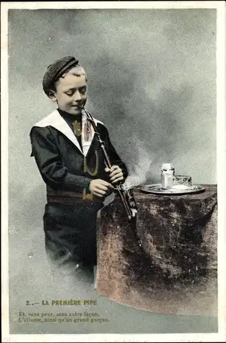 Ak La Premiere Pipe, Junge raucht Stabpfeife