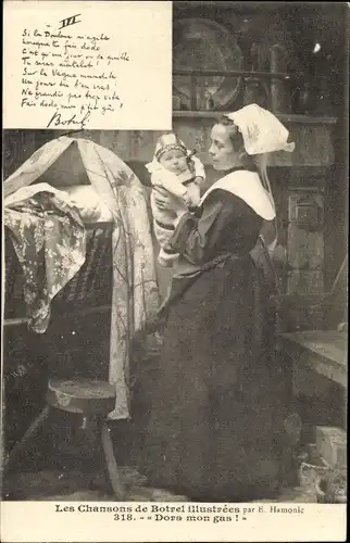Ak Les Chansons de Botrel Illustrees, Dors mon gas, Mutter mit Kind, Kinderbett