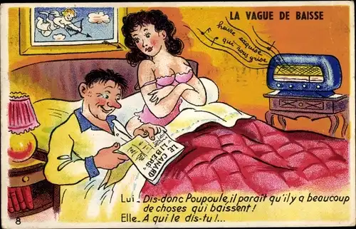 Ak Ehepaar im Bett, Attraktive Frau und ihr Mann mit Zeitung, La Vague de Baisse, Radio