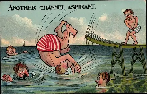 Ak Ubergewichtiger Mann springt ins Wasser, Another Channel Aspirant, Brücke
