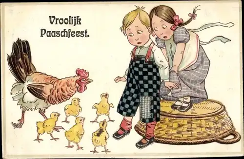 Präge Ak Glückwunsch Ostern, Kinder fürchten sich vor Huhn und Küken