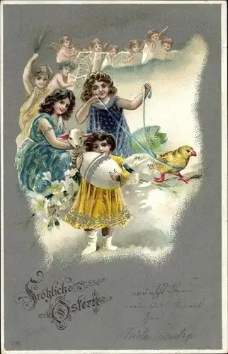 Präge Litho Glückwunsch Ostern, Mädchen mit Küken, Osterei, Engel