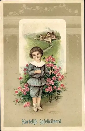 Präge Litho Glückwunsch Geburtstag, Junge, Rosenstock, Wassermühle