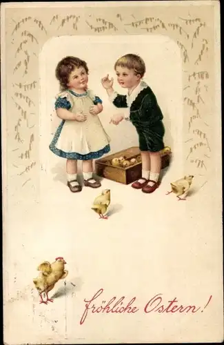 Präge Litho Glückwunsch Ostern, Junge und Mädchen, Küken