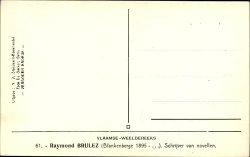 Ak Schriftsteller Raymond Brulez, Portrait, Vlaamse Weeldereeks