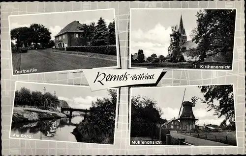 Ak Remels Uplengen in Ostfriesland, Dorfpartie, Kirche, Windmühle, Kanal