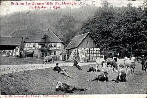 Ak Eisenberg im Saale Holzland Kreis, Froschmühle, Mühltal, Rinder, Männer