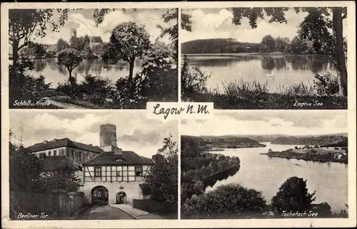 Ak Łagów Lagow Neumark Ostbrandenburg, Tschetsch See, Berliner Tor, Schloss, Kirche, See