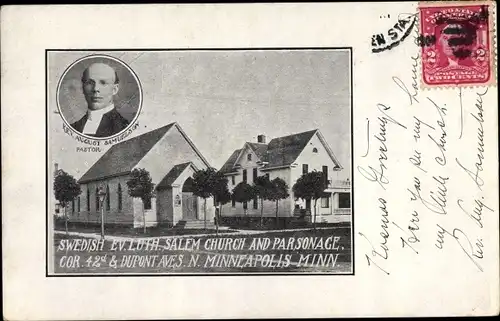 Ak Minneapolis Minnesota USA, Swedish Ev. Luth. Salem Church and Parsonage, Rev. August Samuelson