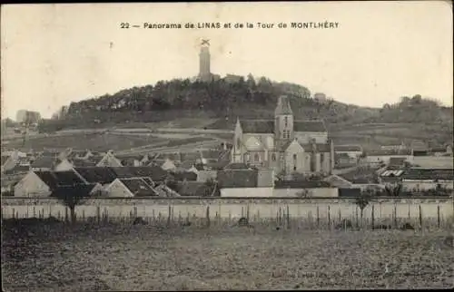 Ak Linas Essonne, Panorama et de la Tour de Montlhery