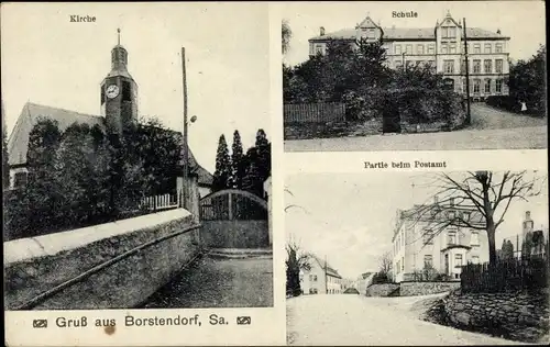 Ak Borstendorf Grünhainichen Sachsen, Kirche, Schule, Partie beim Postamt