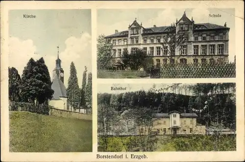 Ak Borstendorf Grünhainichen Sachsen, Kirche, Schule, Bahnhof
