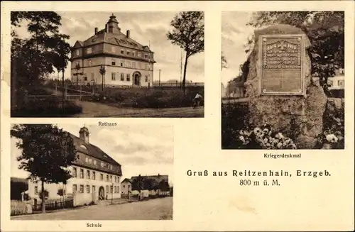 Ak Reitzenhain Marienberg im Erzgebirge, Rathaus, Kriegerdenkmal, Schule