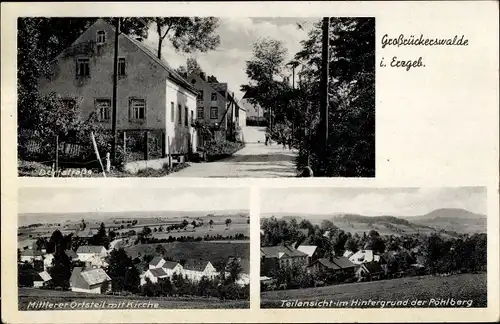 Ak Großrückerswalde im Erzgebirge, Dorfstraße, mittl. Ortsteil mit Kirche, Teilansicht mit Pöhlberg
