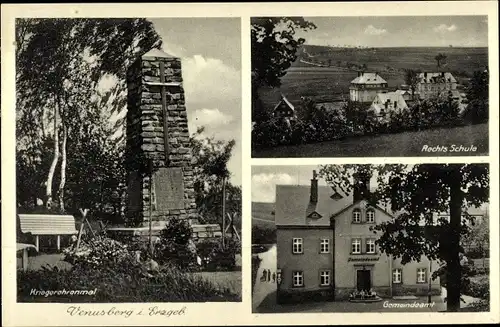 Ak Venusberg Drebach Erzgebirge, Kriegerehrenmal, Rechts Schule, Gemeindeamt