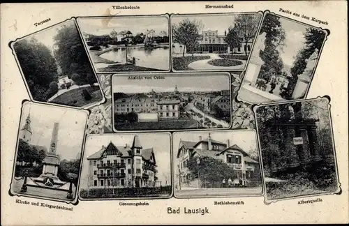 Ak Bad Lausick in Sachsen, Kurhotel Herrmannsbad, Kirche, Denkmal, Bethlehemstift, Albertquelle