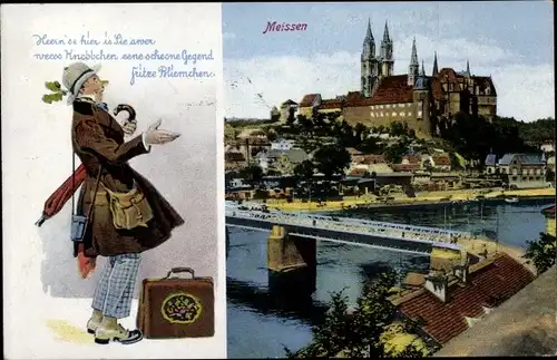 Ak Meißen in Sachsen, Fritze Bliemchen, Flusspartie, Brücke, Stadtblick