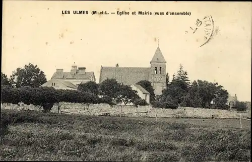 Ak Les Ulmes Maine et Loire, Eglise et Mairie
