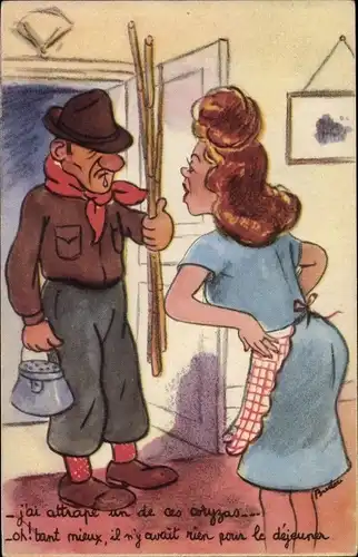 Künstler Ak Der Mann ist zu spät zu Hause angekommen, Frau an der Tür